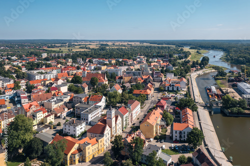 Obraz na płótnie Summer skyline cityscape of Nowa Sól, a city on the Oder River in Lubusz region, Poland. Wide panoramic aerial view w salonie