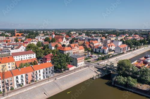 Obraz na płótnie Summer skyline cityscape of Nowa Sól, a city on the Oder River in Lubusz region, Poland. Wide panoramic aerial view w salonie