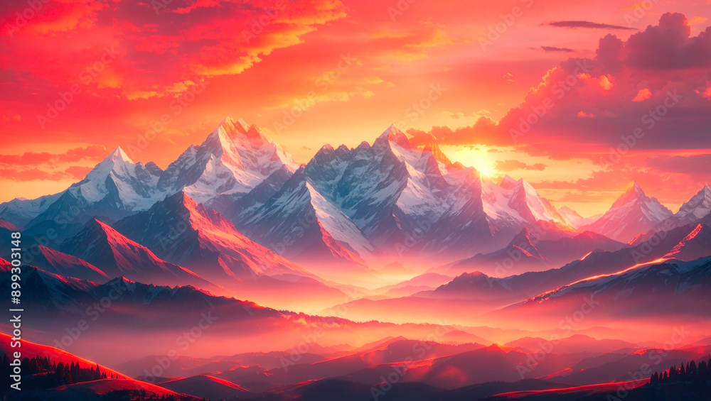 sunset over a mountain range with snow-capped peaks. sunset over a mountain range with snow-capped peaks.