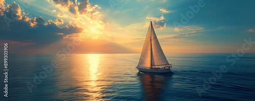 A peaceful sailboat glides across calm waters under a vibrant sunset, reflecting warm hues in a tranquil seascape. Ideal for travel and relaxation themes. photo