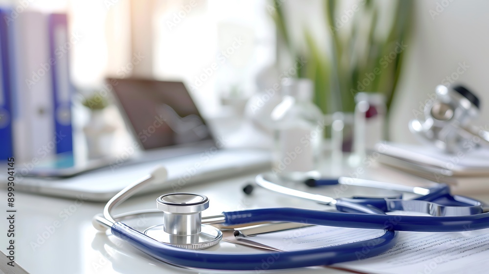 a doctor's desk with a stethoscope a doctor's desk with a stethoscope