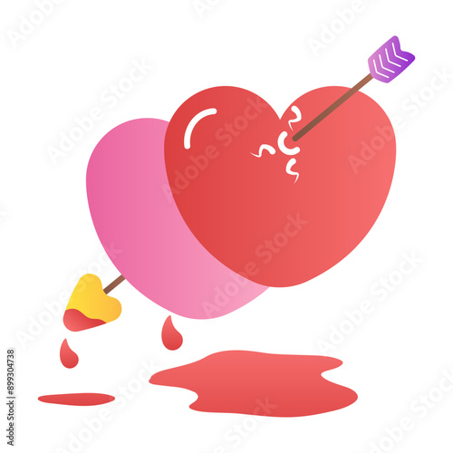 Bleeding pierced heart with arrow, flat icon 