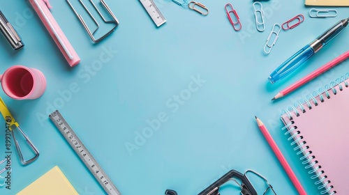 Flat lay of minimalist office supplies including a stapler, ruler, and binder clips, highly detailed and clear