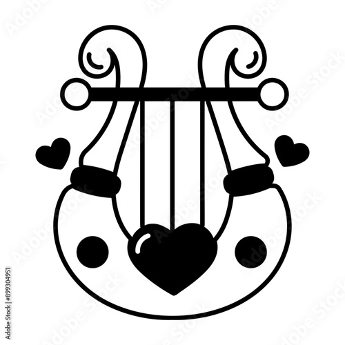 A glyph icon of lyre music with hearts 