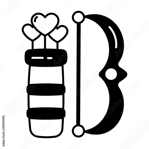 A glyph style icon of cupid bow with heart arrows 