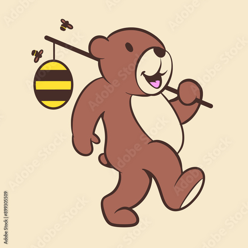 Vector Cartoon Illustration of Bear Walking with Beehive photo