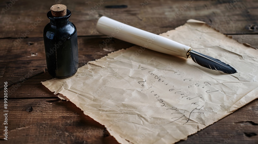 Flat lay of a simple writing setup with a quill pen, ink bottle, and ...