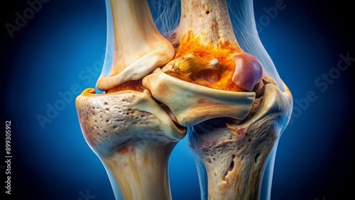 Close-up of a severely damaged and worn-out joint with exposed bone, showcasing advanced arthrosis and cartilage degeneration.