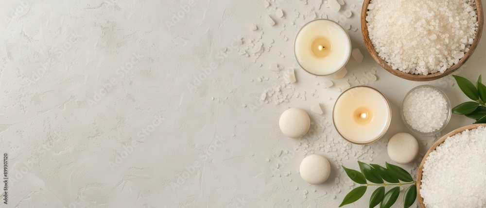 Creative flat lay showcasing a relaxing bath setup with candles and bath salts, inviting a serene and rejuvenating atmosphere, banner, with copy space Creative flat lay showcasing a relaxing bath setup with candles and bath salts, inviting a serene and rejuvenating atmosphere, banner, with copy space