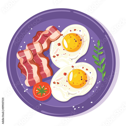 Fried eggs with bacon and a cherry tomato on a purple plate.