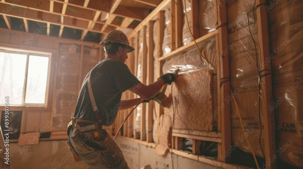 A construction worker installs insulation in a home renovation project, ensuring energy efficiency and comfort indoors. A construction worker installs insulation in a home renovation project, ensuring energy efficiency and comfort indoors.