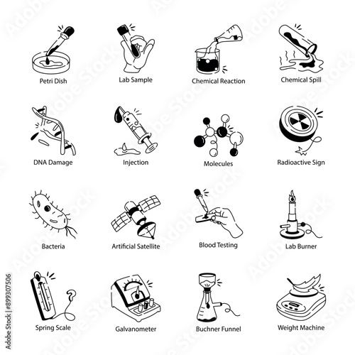 Collection of Lab Equipment Doodle Icons


