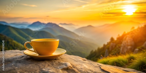 Yellow cup of tea morning in the mountains  Tea moment with sunrise mountain backdrop AI-Generated Content