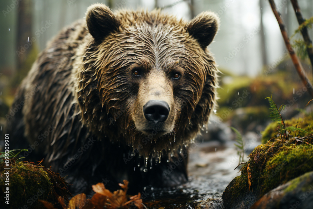 Beautiful, huge, gray bear walking through a stream in the forest, with wet fur and huge claws, with thick brown fur, beautiful brown eyes, generative AI Beautiful, huge, gray bear walking through a stream in the forest, with wet fur and huge claws, with thick brown fur, beautiful brown eyes, generative AI