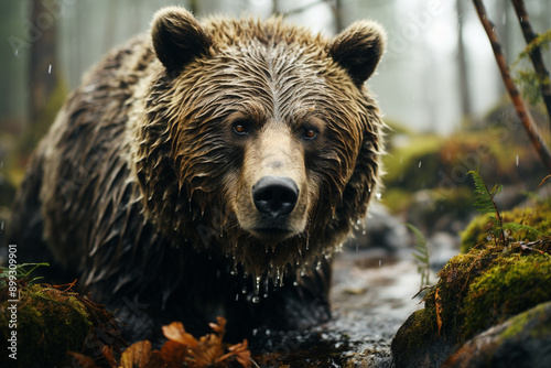 Beautiful, huge, gray bear walking through a stream in the forest, with wet fur and huge claws, with thick brown fur, beautiful brown eyes, generative AI