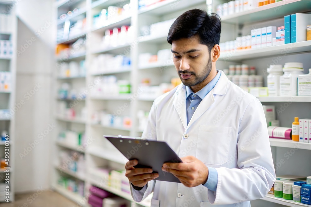 Indian Pharmacist Checking Inventory on Shelves
Indian Pharmacist Checking Inventory on Shelves