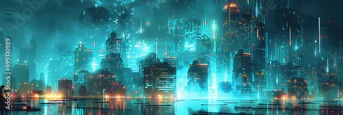 Futuristic cityscape at night with glowing skyscrapers and neon lights reflecting on the water, creating a cyberpunk atmosphere. © Suphot