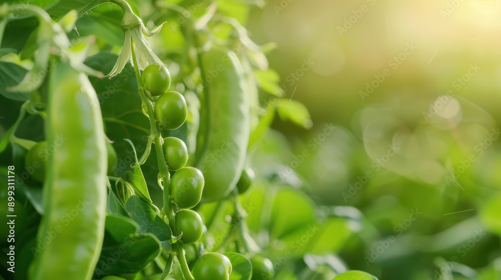 Pea Explosion with bright green peas scattering from their pods and sunlight filtering through, capturing the sweet and tender nature of fresh peas, banner, with copy space Pea Explosion with bright green peas scattering from their pods and sunlight filtering through, capturing the sweet and tender nature of fresh peas, banner, with copy space