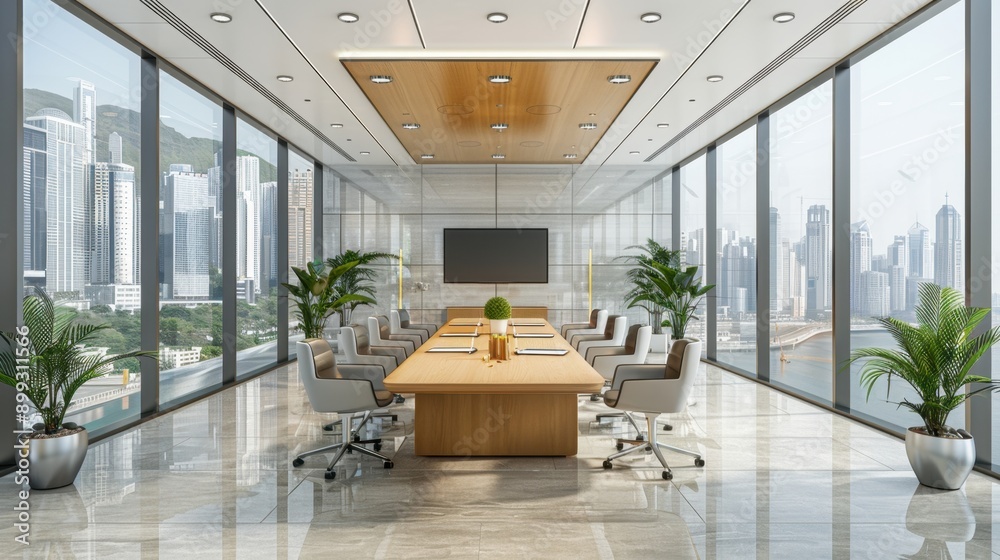 Modern conference room with city view, large table, chairs, and plants, featuring floor-to-ceiling windows and contemporary design. Modern conference room with city view, large table, chairs, and plants, featuring floor-to-ceiling windows and contemporary design.