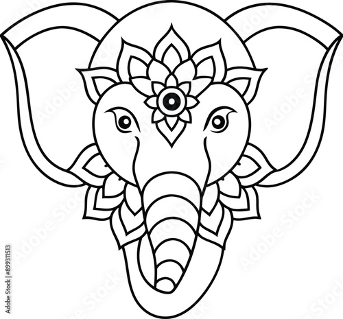Elephant head coloring page kids friendly simple line art cute elephant  face with geometric flower mandala design pattern minimal clipart art KDP coloring interior