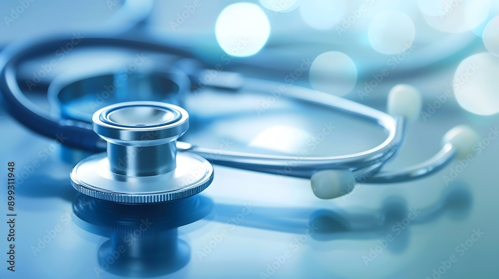 A blue stethoscope lies on a blue wooden surfac A blue stethoscope lies on a blue wooden surfac