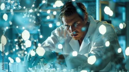 Scientist in laboratory conducting experiments with chemical substances, surrounded by illuminated particles. Focused on research.