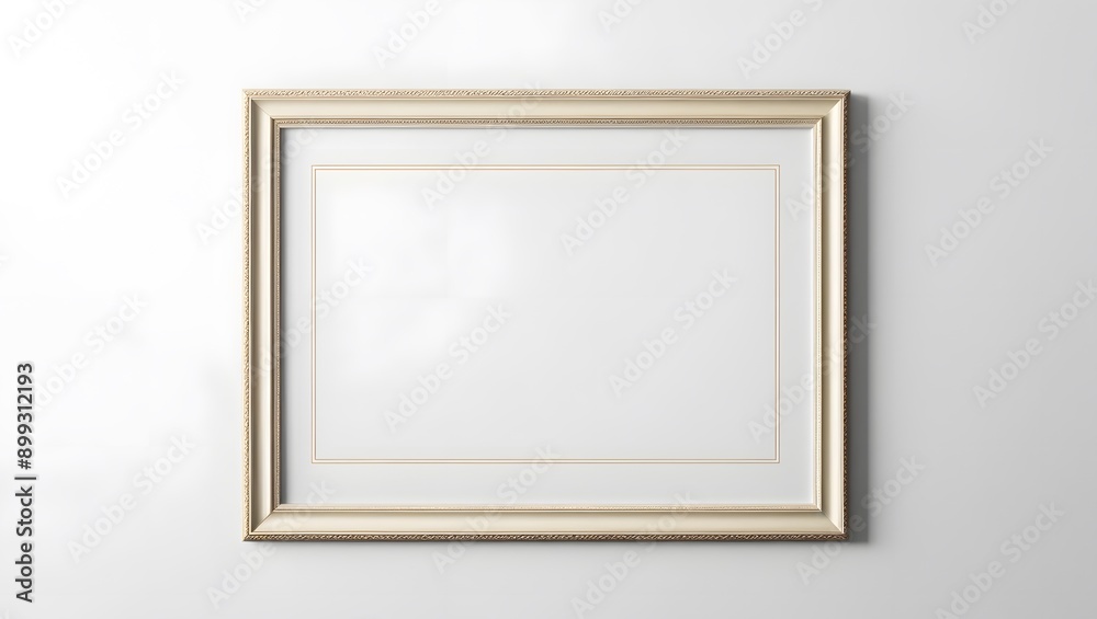 Ornate golden wooden frame with aged patina hangs empty on wall, awaiting vintage photo Ornate golden wooden frame with aged patina hangs empty on wall, awaiting vintage photo