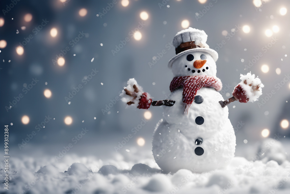 A joyful snowman in a snowy landscape with festive decorations, creating a merry holiday atmosphere A joyful snowman in a snowy landscape with festive decorations, creating a merry holiday atmosphere