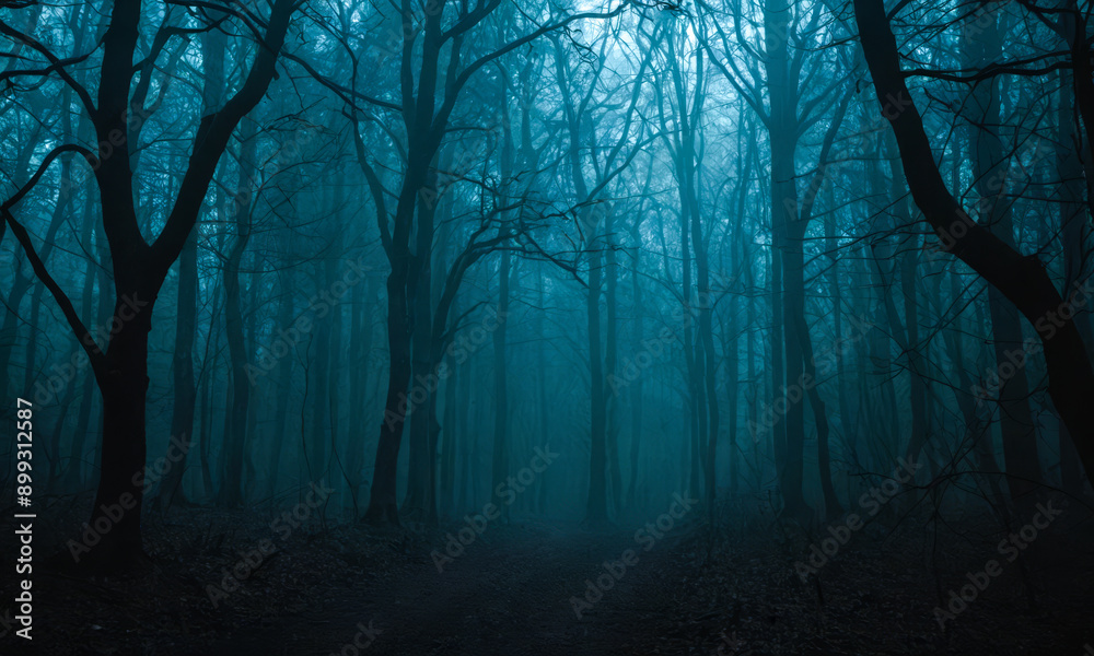 Haunting Blue Haze in Dense Forest, Chilling Trail Through Misty Woods, Gloomy Scary Nature Backdrop for Halloween, Sinister Tree Silhouettes in Fog, Enigmatic Wilderness Atmosphere, Gloomy Haunting Blue Haze in Dense Forest, Chilling Trail Through Misty Woods, Gloomy Scary Nature Backdrop for Halloween, Sinister Tree Silhouettes in Fog, Enigmatic Wilderness Atmosphere, Gloomy