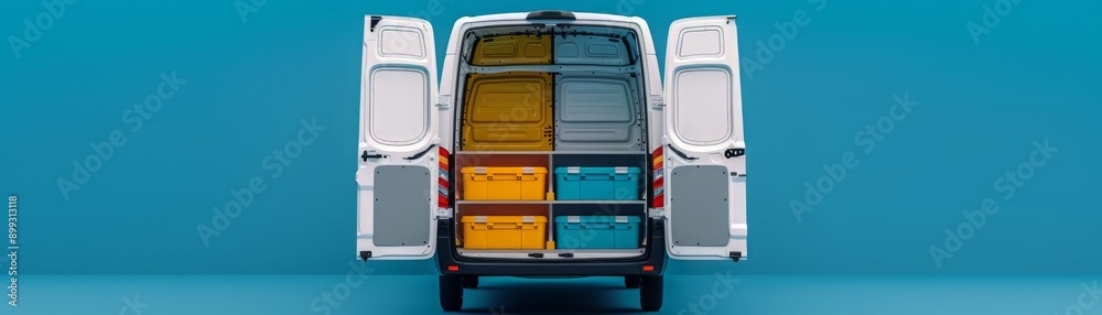 A modern delivery van with open doors revealing colorful storage containers inside, set against a vibrant blue background. A modern delivery van with open doors revealing colorful storage containers inside, set against a vibrant blue background.