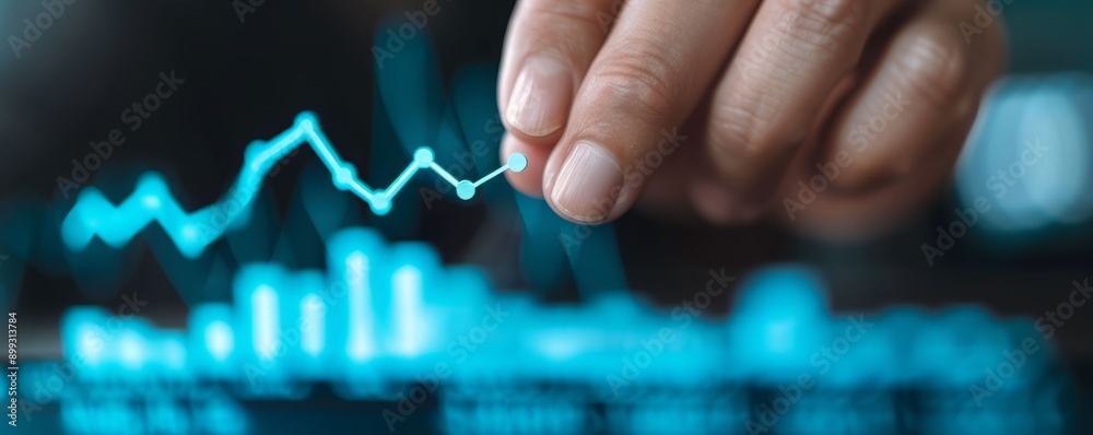 Close-up of a hand analyzing data trends on a digital graph, showcasing finance and technology interaction. Close-up of a hand analyzing data trends on a digital graph, showcasing finance and technology interaction.