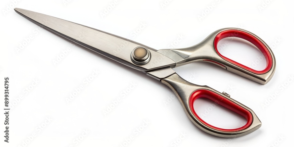 Sharp metal scissors lying open on a clean isolated white background, awaiting use, with precise cutting edges and ergonomic grips, ready for craft or design projects. Sharp metal scissors lying open on a clean isolated white background, awaiting use, with precise cutting edges and ergonomic grips, ready for craft or design projects.