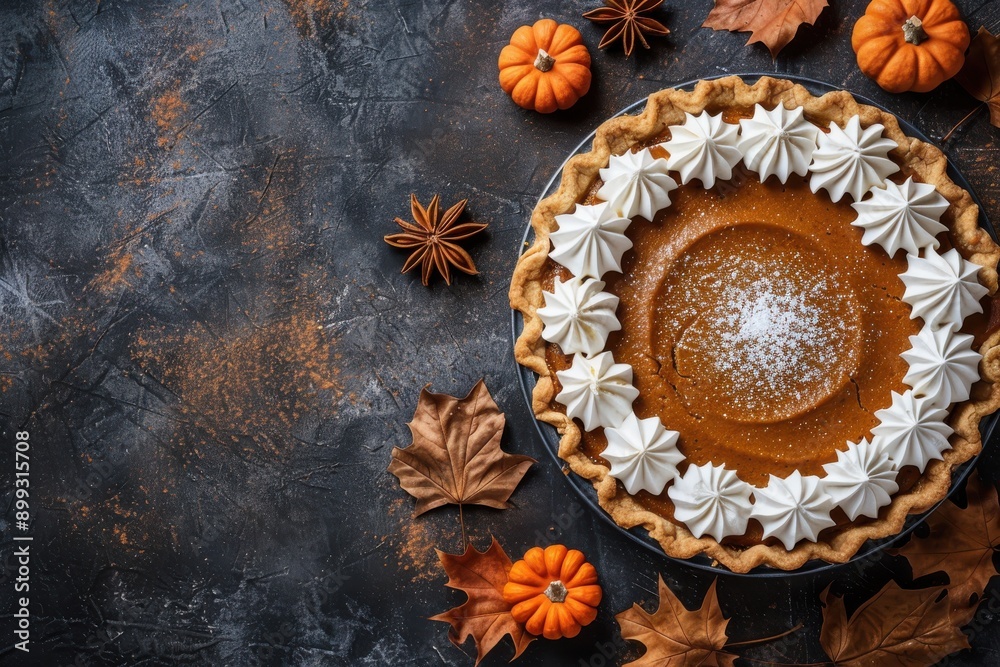A pumpkin pie topped with whipped cream and surrounded by autumn leaves and pumpkins on a dark background A pumpkin pie topped with whipped cream and surrounded by autumn leaves and pumpkins on a dark background