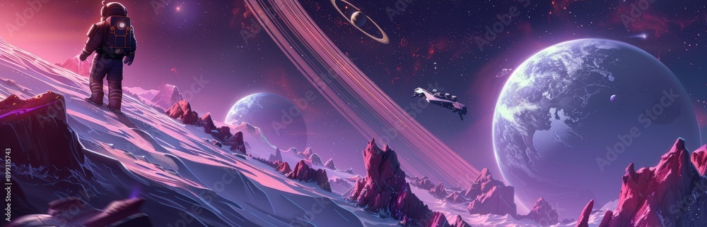 Fototapeta premium Design an image showing a astronaut exploring a large 3D cartoon planet with rings. Other planets and spaceships can be seen in the distance