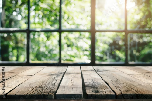 Wood Table Modern Style with nature view and sunlight filtering through large windows, blending sleek design with serene natural surroundings, banner, with copy space