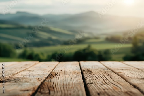 Wood Table Retro Style with countryside and sunlight filtering through rolling fields, highlighting a playful and nostalgic atmosphere, banner, with copy space © JK_kyoto