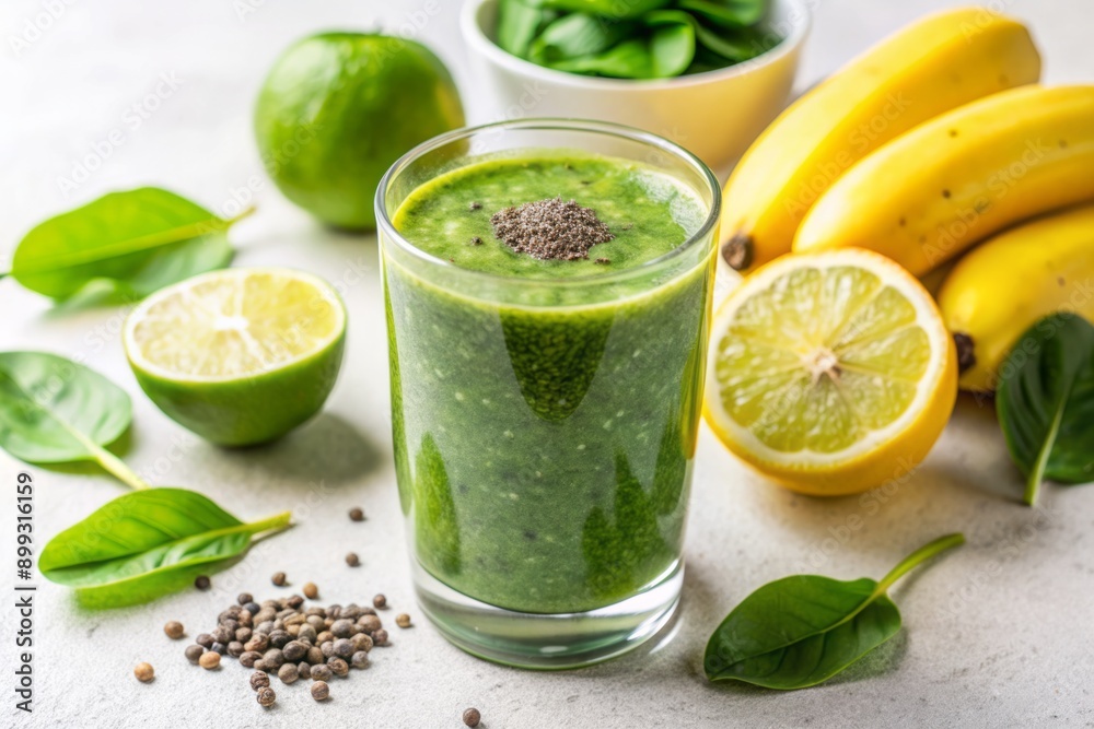 Fresh lime green smoothie poured into a clear glass surrounded by spinach leaves, sliced banana, and chia seeds on a clean white background. Fresh lime green smoothie poured into a clear glass surrounded by spinach leaves, sliced banana, and chia seeds on a clean white background.