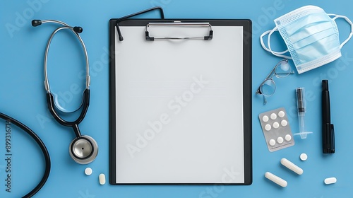a clipboard with a blank sheet of paper, surrounded by medical supplies like a stethoscope, pills, a pen, glasses, and a face mask
