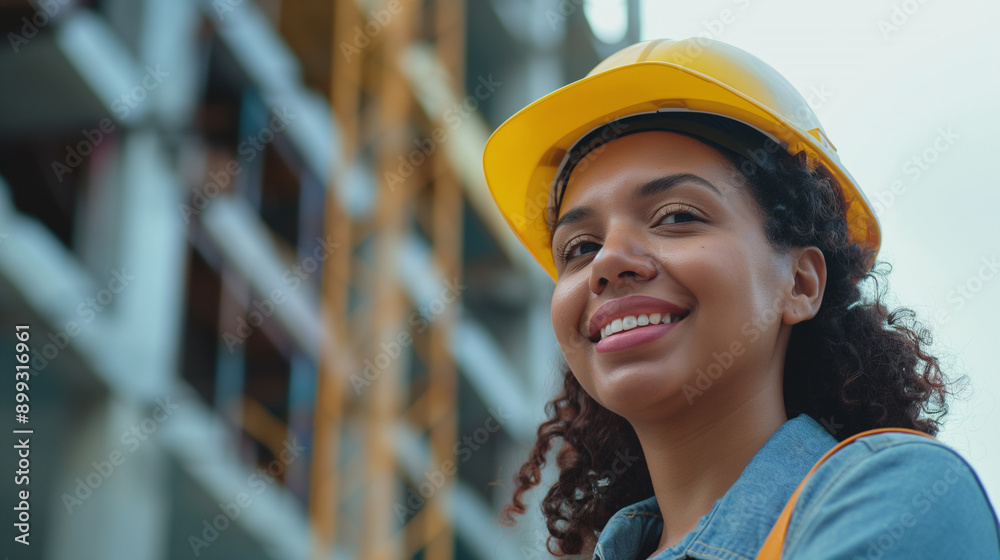 Close-up of female factory worker wearing safety helmet working in industrial plant, happy and smiling, female worker maintaining machinery in industrial plant Close-up of female factory worker wearing safety helmet working in industrial plant, happy and smiling, female worker maintaining machinery in industrial plant