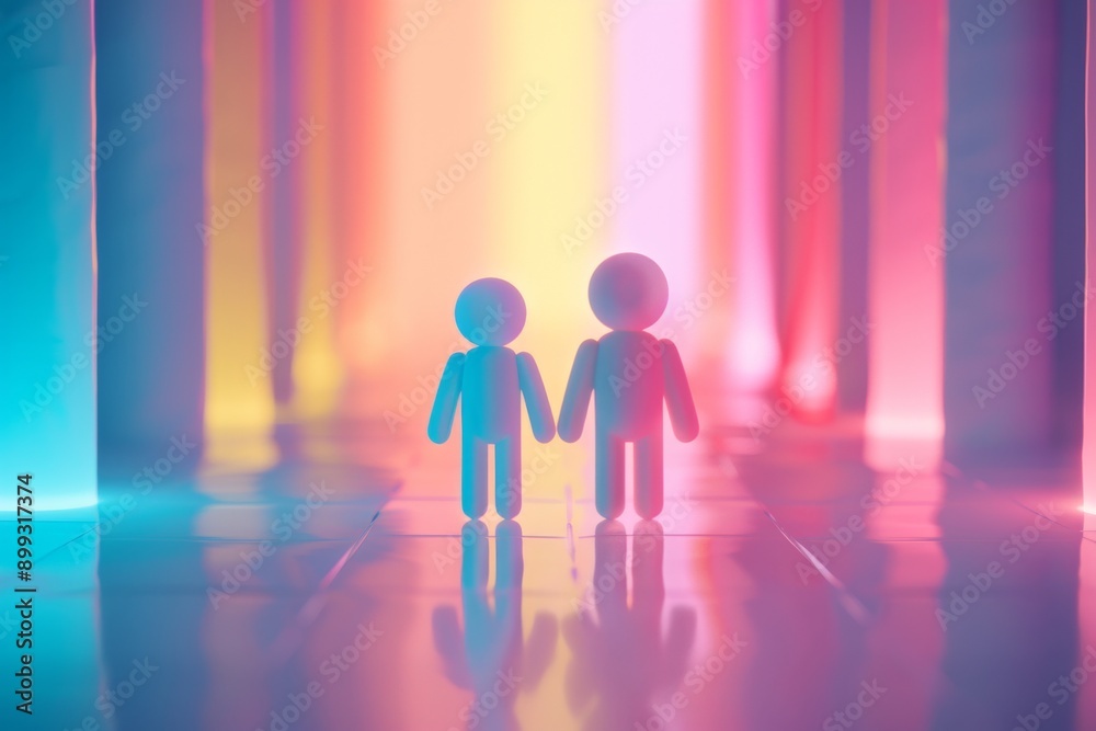 Fototapeta premium Minimalist digital figures in a neon lit environment symbolizing connection technology and modern relationships