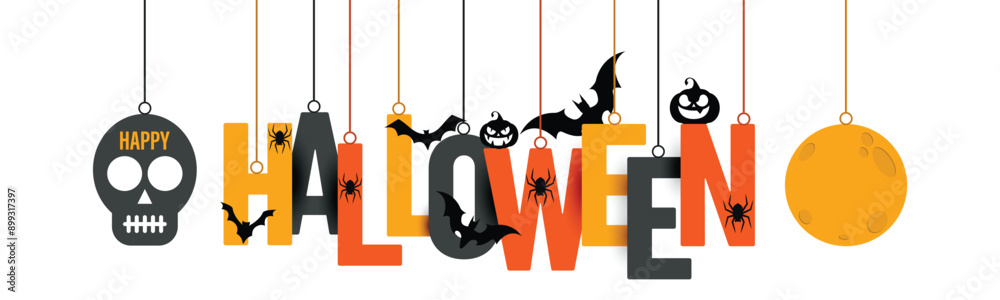Fototapeta premium HALLOWEEN Hanging Letters with Bats, Pumpkin and Spider
