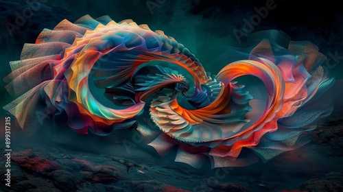 Abstract digital artwork of vibrant swirling shapes in rich colors with dark background, depicting motion and dynamics. photo