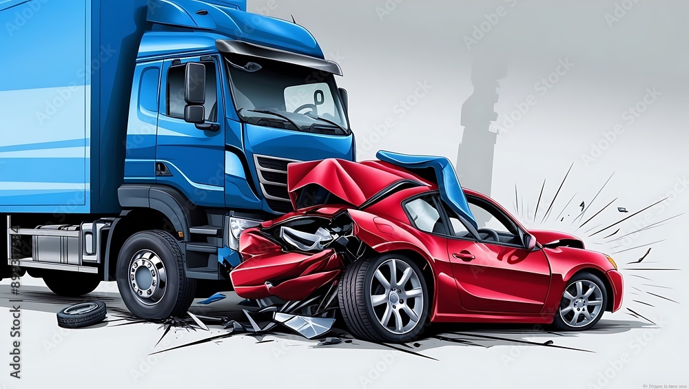 Naklejka premium Two cars accident. Crashed cars. A red car against the back of a big truck. Big damage. Isolated on white background. Viewed from a side