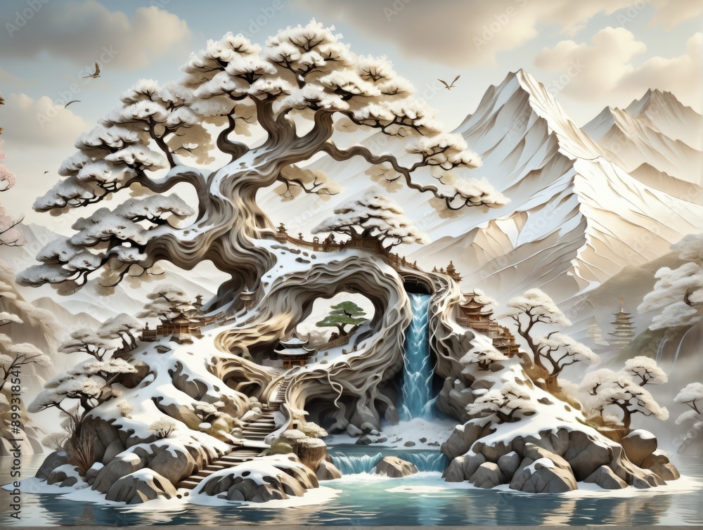 Fototapeta premium Digital art piece that appears to be relief sculpture It tree li