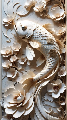Close-up white wall panel detailed carving koi fish is