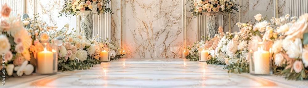 Opulent Marble Aisle A grand wedding aisle made of white marble, lined with towering floral arrangements and flickering candles
