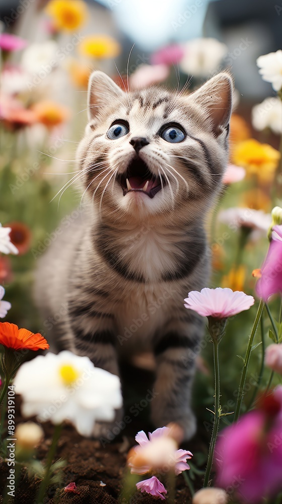 A small kitten walks through a field of flowers with an open mouth and wide-open eyes A small kitten walks through a field of flowers with an open mouth and wide-open eyes