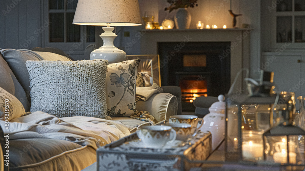 Fototapeta premium Cottage sitting room, living room interior design and country house home decor, sofa and furniture, English countryside style interiors