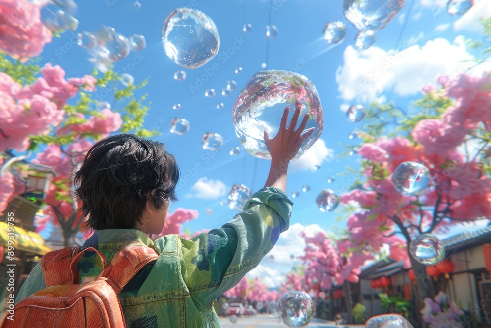 Obraz premium Businessman touching shiny cube in abstract 3D rendering.