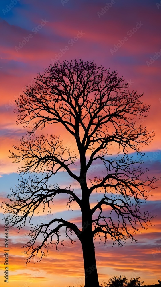 A serene silhouette of a lone tree against a colorful sunset sky, playful style A serene silhouette of a lone tree against a colorful sunset sky, playful style